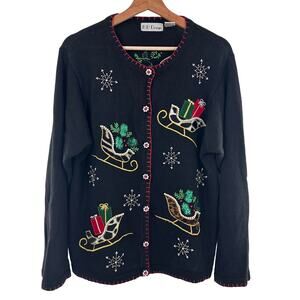 Vintage Christmas Cardigan Sweater Sequins Bling Sleighs Gifts Snowflake Novel M